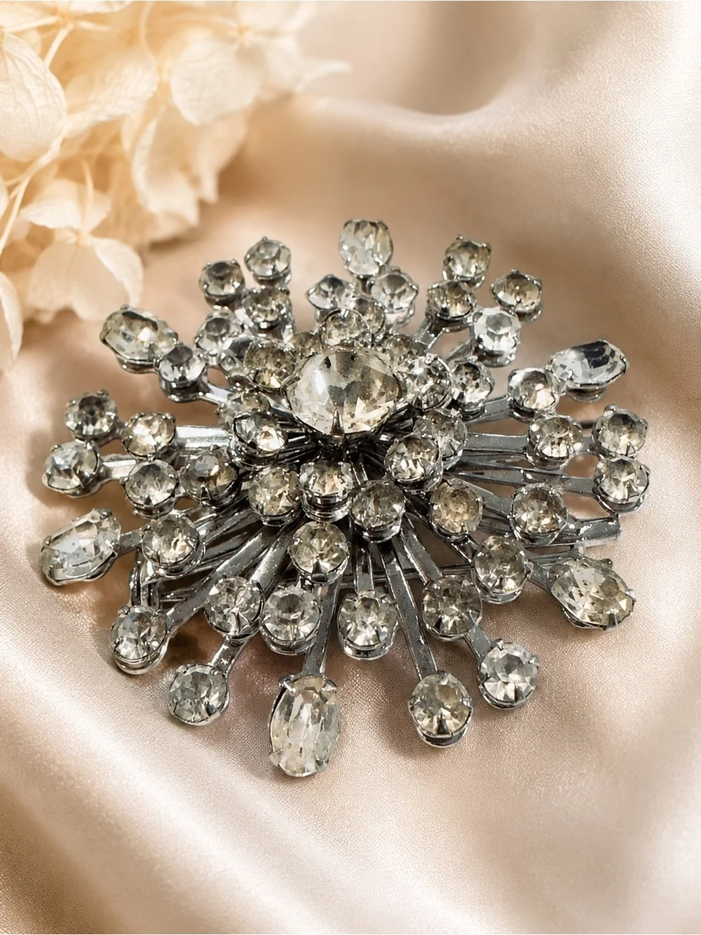 Vintage Rhinestone Starburst Brooch Silver Tone Atomic Mid Century Statement Pin
